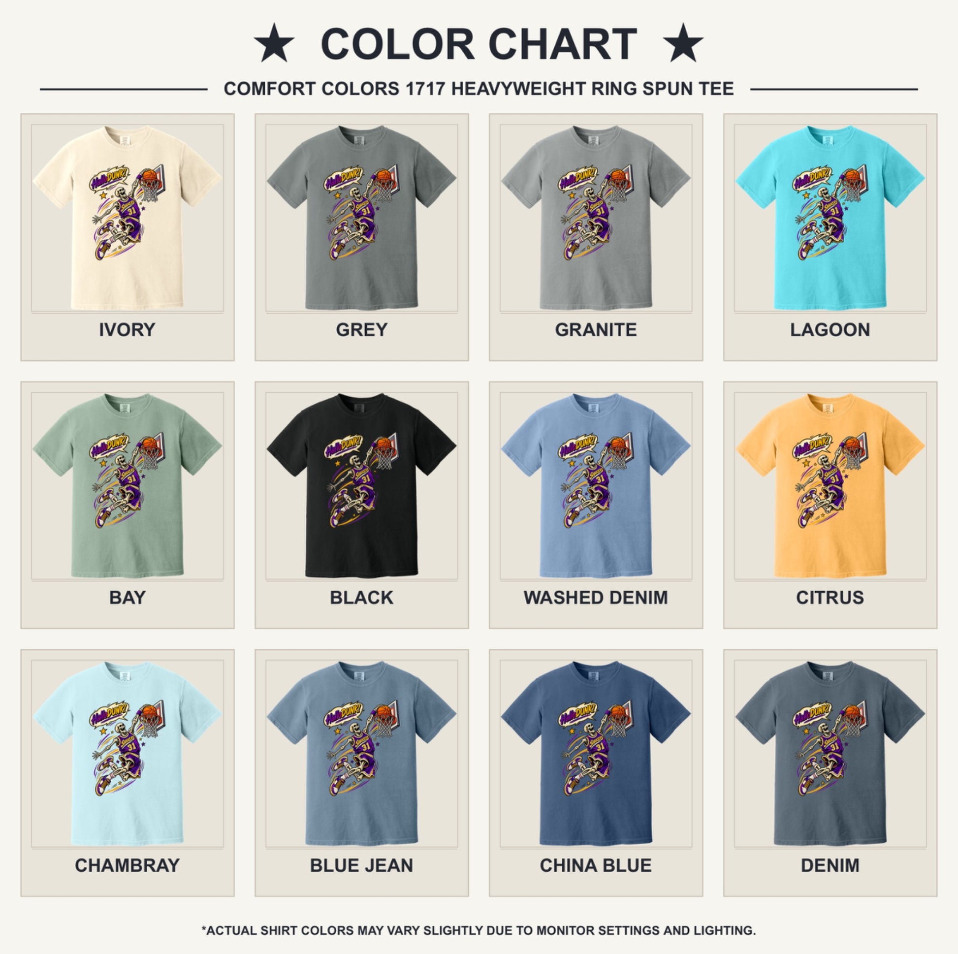 HalloDunk skeleton basketball dunk comic pop art print on Comfort Colors heavyweight tee, purple gold - available shirt colors chart