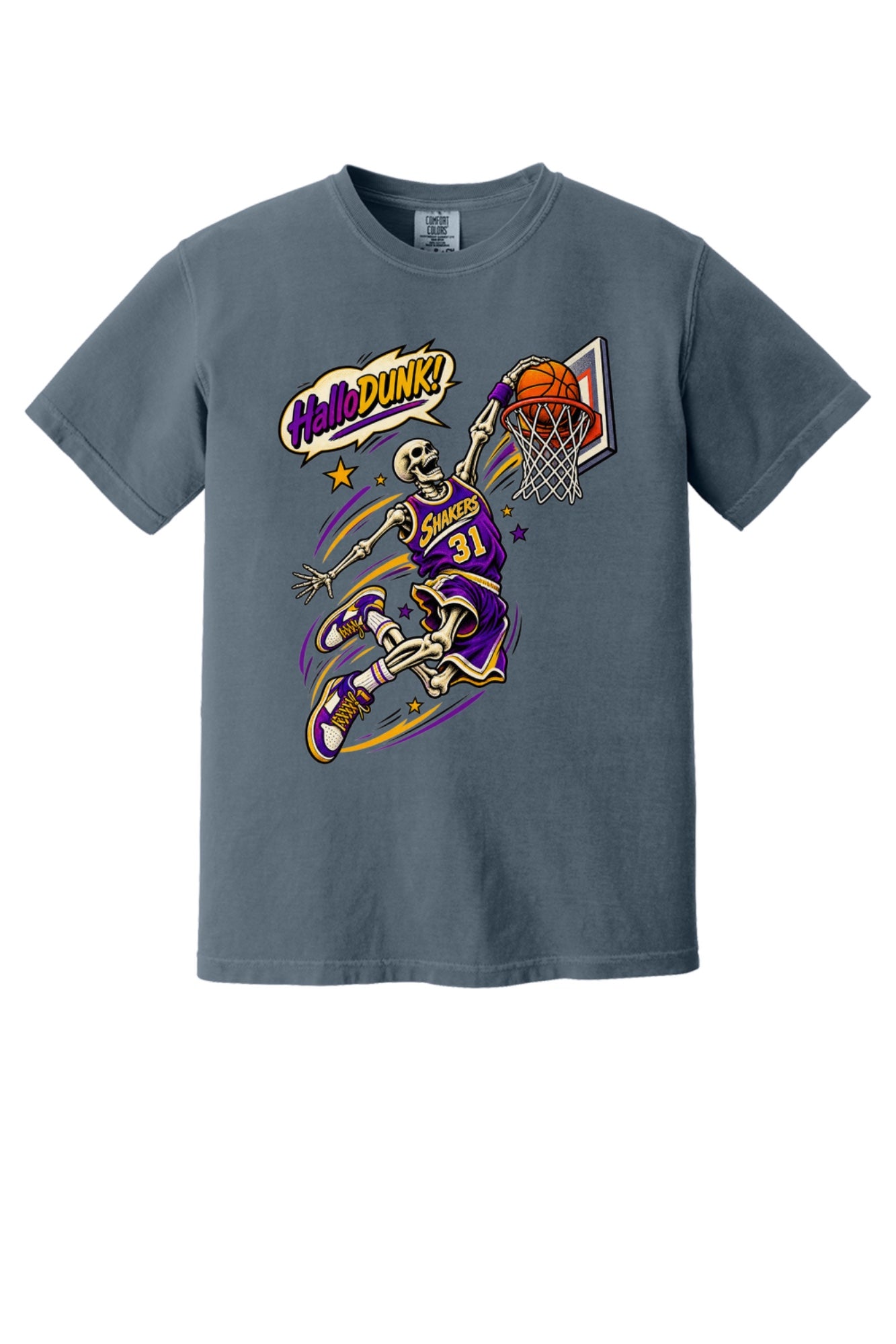 HalloDunk skeleton basketball dunk comic pop art print on Comfort Colors heavyweight tee, purple gold in Denim