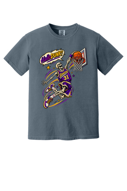 HalloDunk skeleton basketball dunk comic pop art print on Comfort Colors heavyweight tee, purple gold in Denim