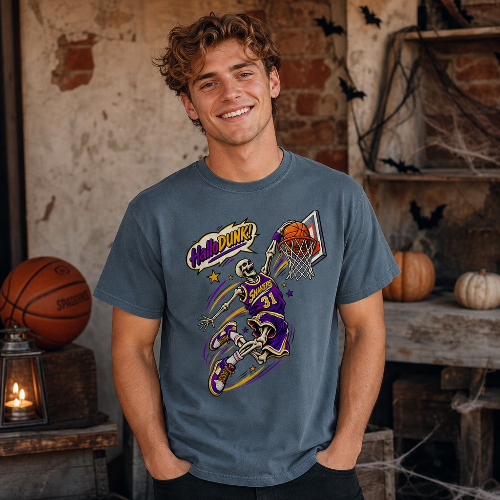 HalloDunk skeleton basketball dunk comic pop art print on Comfort Colors heavyweight tee, purple gold, worn by a model