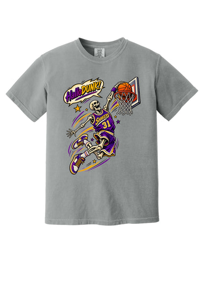 HalloDunk skeleton basketball dunk comic pop art print on Comfort Colors heavyweight tee, purple gold in Granite