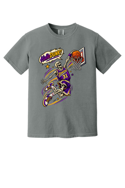 HalloDunk skeleton basketball dunk comic pop art print on Comfort Colors heavyweight tee, purple gold in Grey