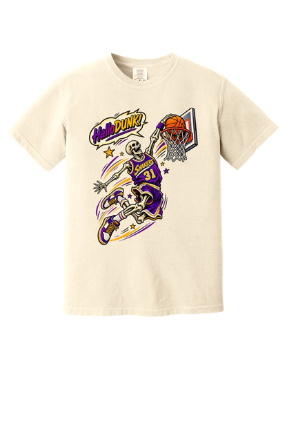 HalloDunk skeleton basketball dunk comic pop art print on Comfort Colors heavyweight tee, purple gold in Ivory