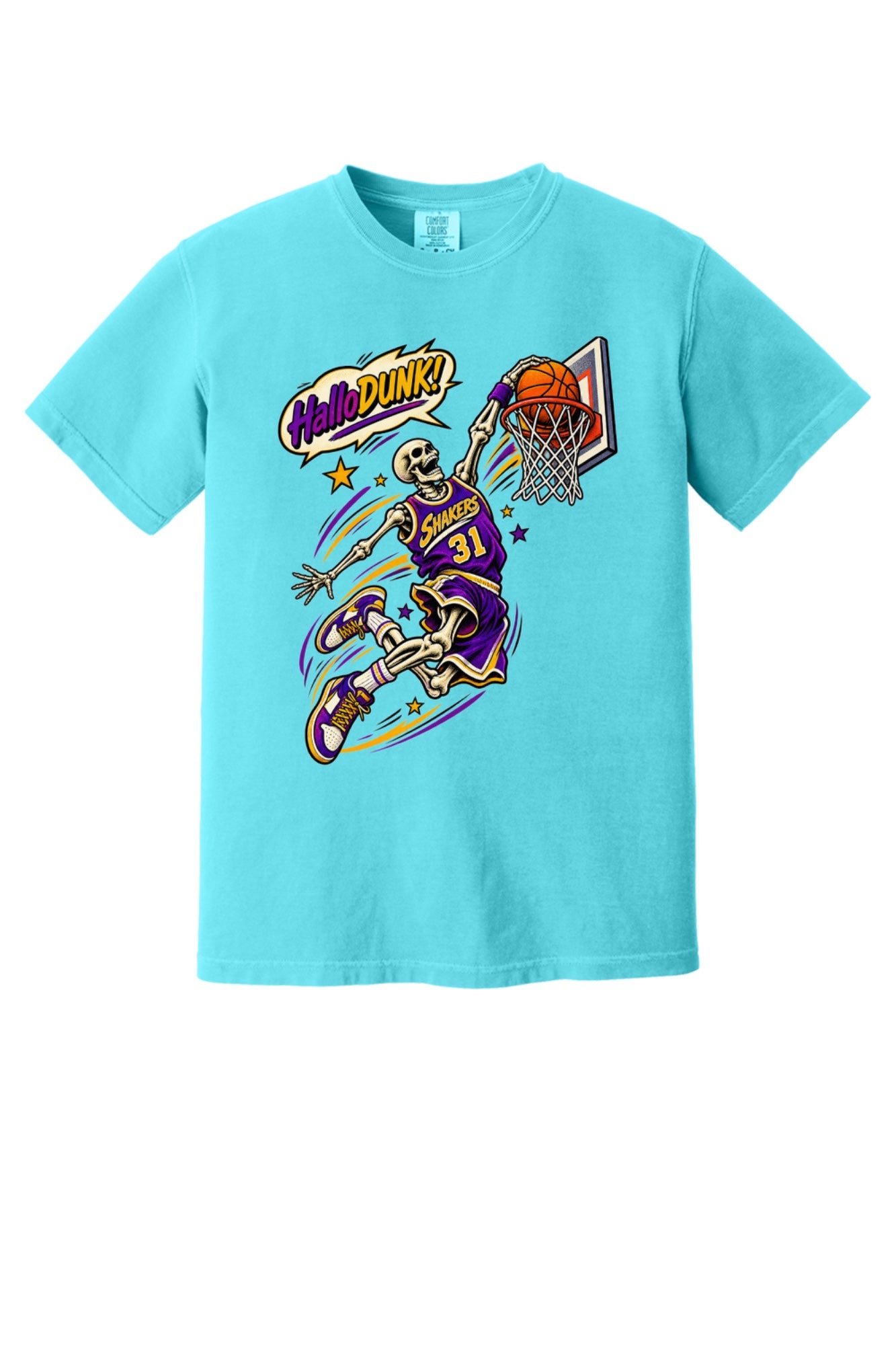 HalloDunk skeleton basketball dunk comic pop art print on Comfort Colors heavyweight tee, purple gold in Lagoon