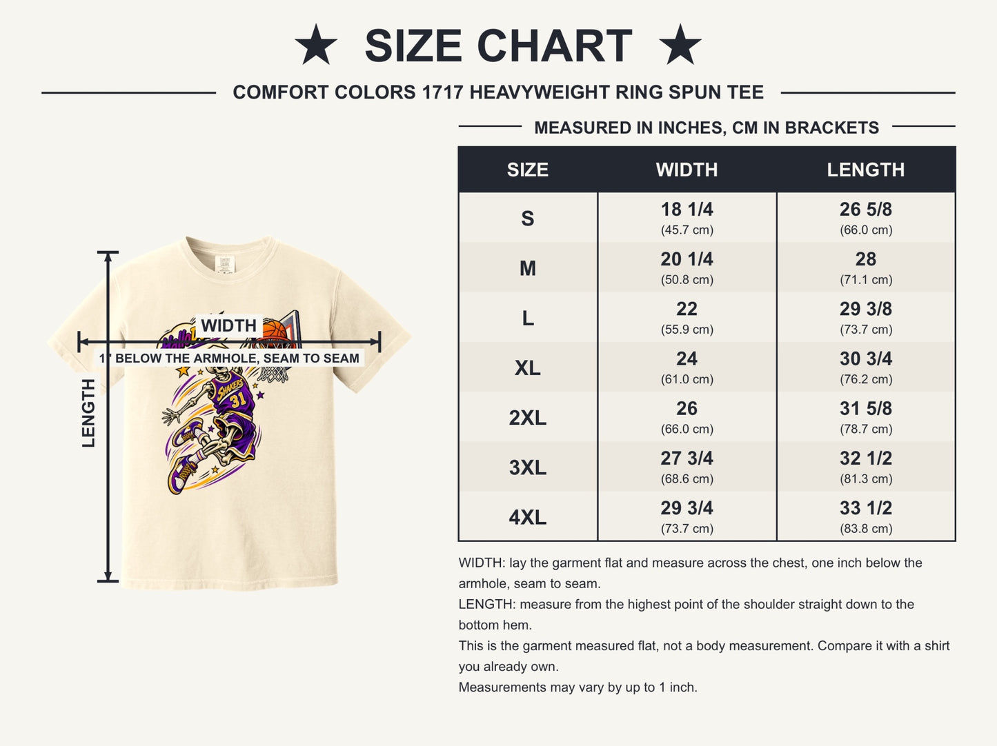 HalloDunk skeleton basketball dunk comic pop art print on Comfort Colors heavyweight tee, purple gold - size chart