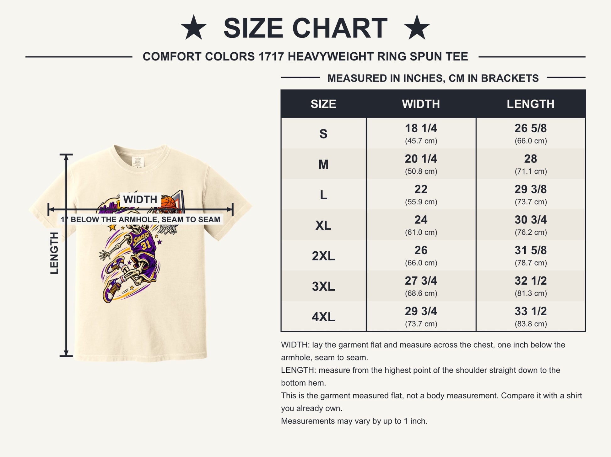 HalloDunk skeleton basketball dunk comic pop art print on Comfort Colors heavyweight tee, purple gold - size chart