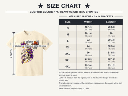HalloDunk skeleton basketball dunk comic pop art print on Comfort Colors heavyweight tee, purple gold - size chart