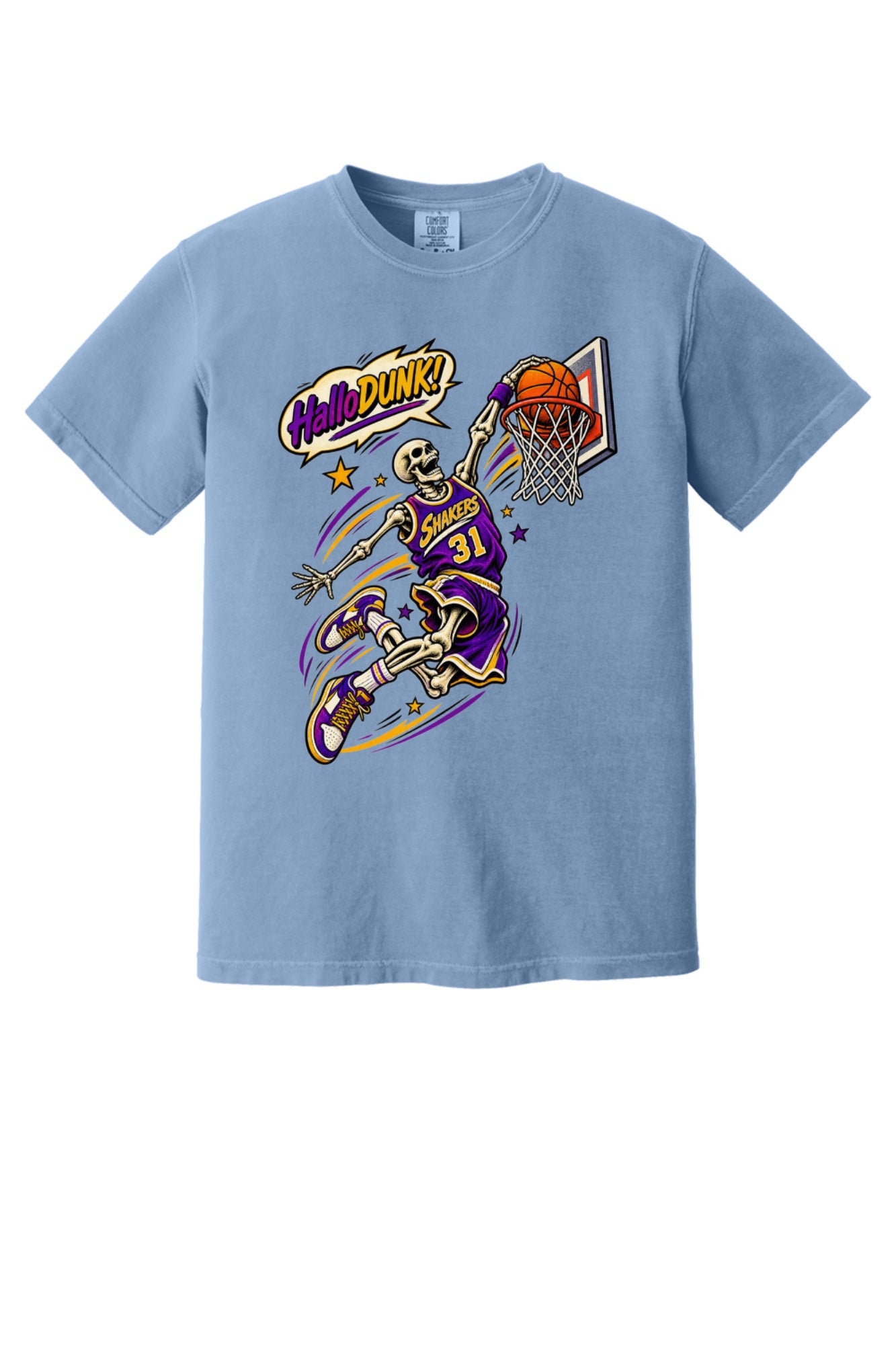 HalloDunk skeleton basketball dunk comic pop art print on Comfort Colors heavyweight tee, purple gold in Washed Denim