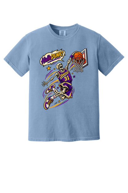 HalloDunk skeleton basketball dunk comic pop art print on Comfort Colors heavyweight tee, purple gold in Washed Denim
