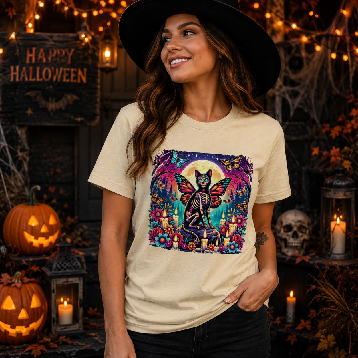 Day of the Dead Skeleton Cat Butterfly Wings Halloween Graphic Tee