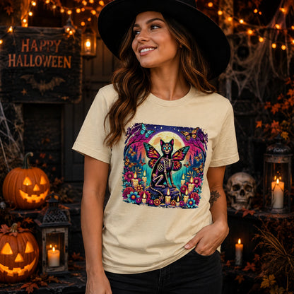 Day of the Dead Skeleton Cat Butterfly Wings Halloween Graphic Tee