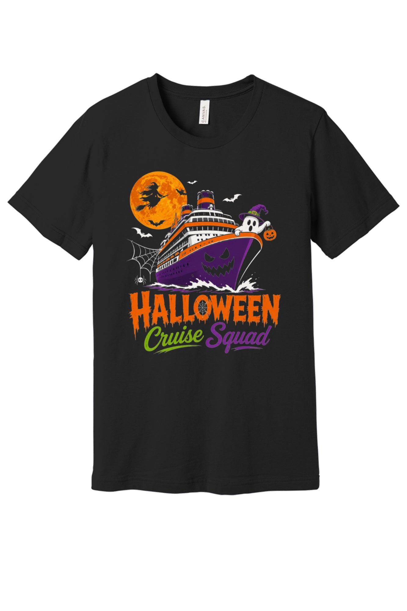 Halloween Cruise Squad unisex tee with jack-o-lantern ship, witch moon, ghost and pumpkin graphic in Black