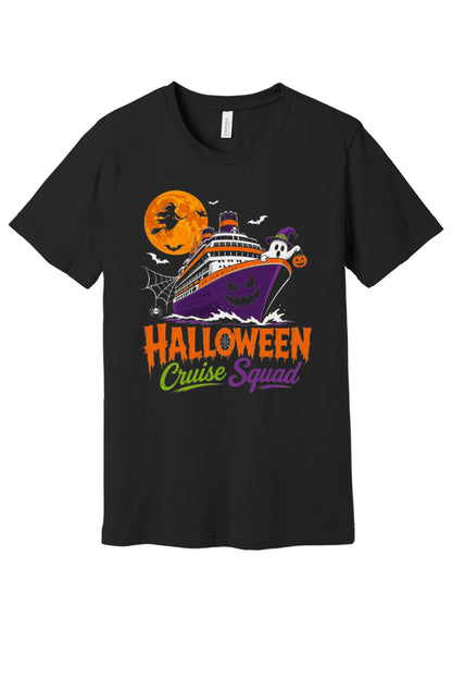 Halloween Cruise Squad unisex tee with jack-o-lantern ship, witch moon, ghost and pumpkin graphic in Black