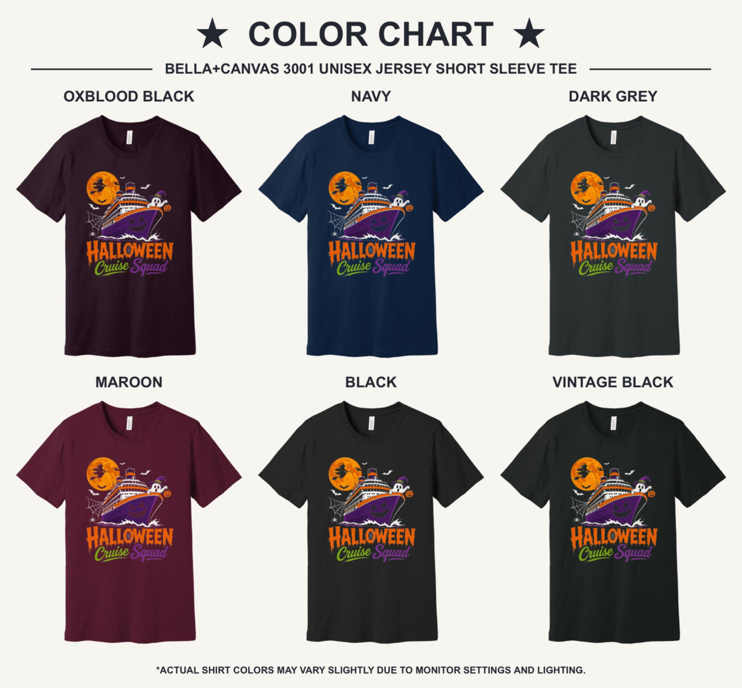 Halloween Cruise Squad unisex tee with jack-o-lantern ship, witch moon, ghost and pumpkin graphic - available shirt colors chart
