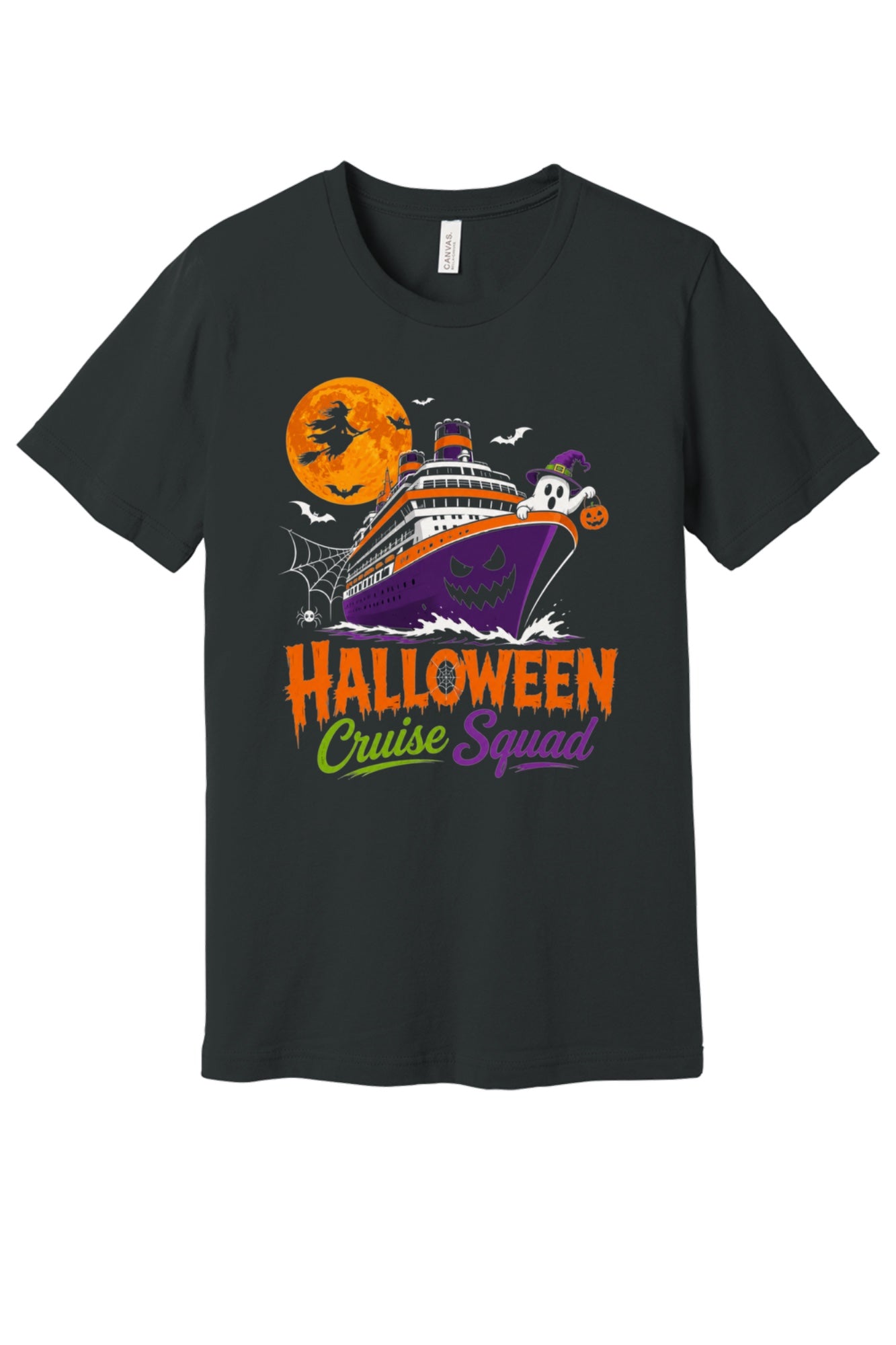 Halloween Cruise Squad unisex tee with jack-o-lantern ship, witch moon, ghost and pumpkin graphic in Dark Grey