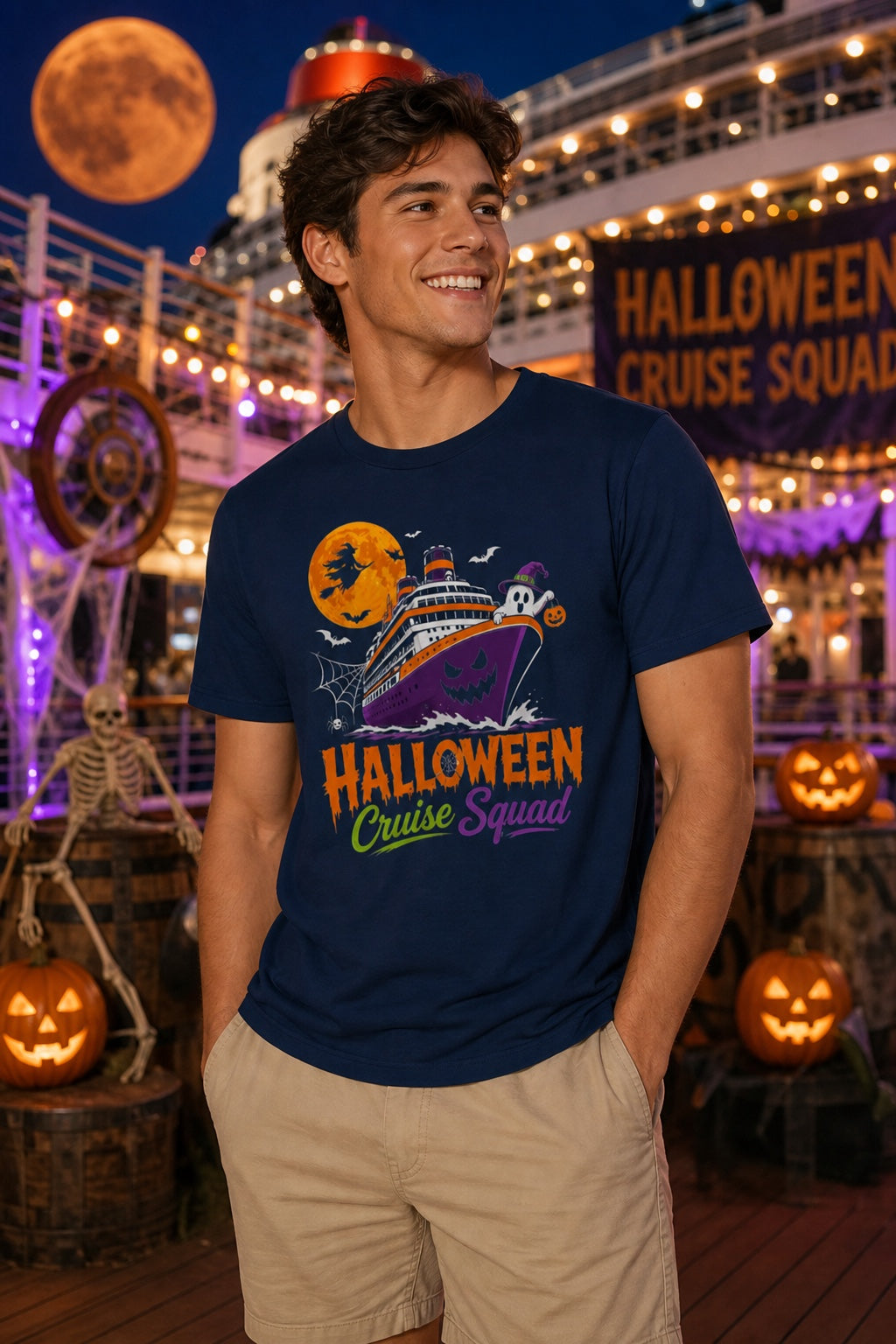 Halloween Cruise Squad unisex tee with jack-o-lantern ship, witch moon, ghost and pumpkin graphic worn by a model