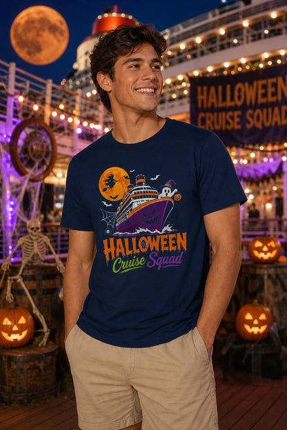 Halloween Cruise Squad unisex tee with jack-o-lantern ship, witch moon, ghost and pumpkin graphic worn by a model