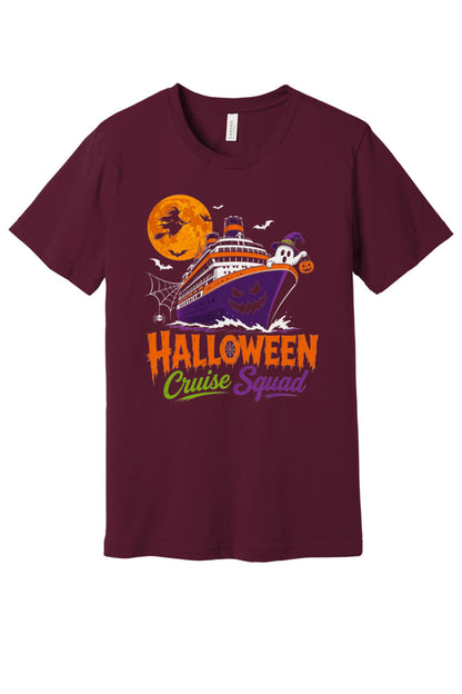 Halloween Cruise Squad unisex tee with jack-o-lantern ship, witch moon, ghost and pumpkin graphic in Maroon