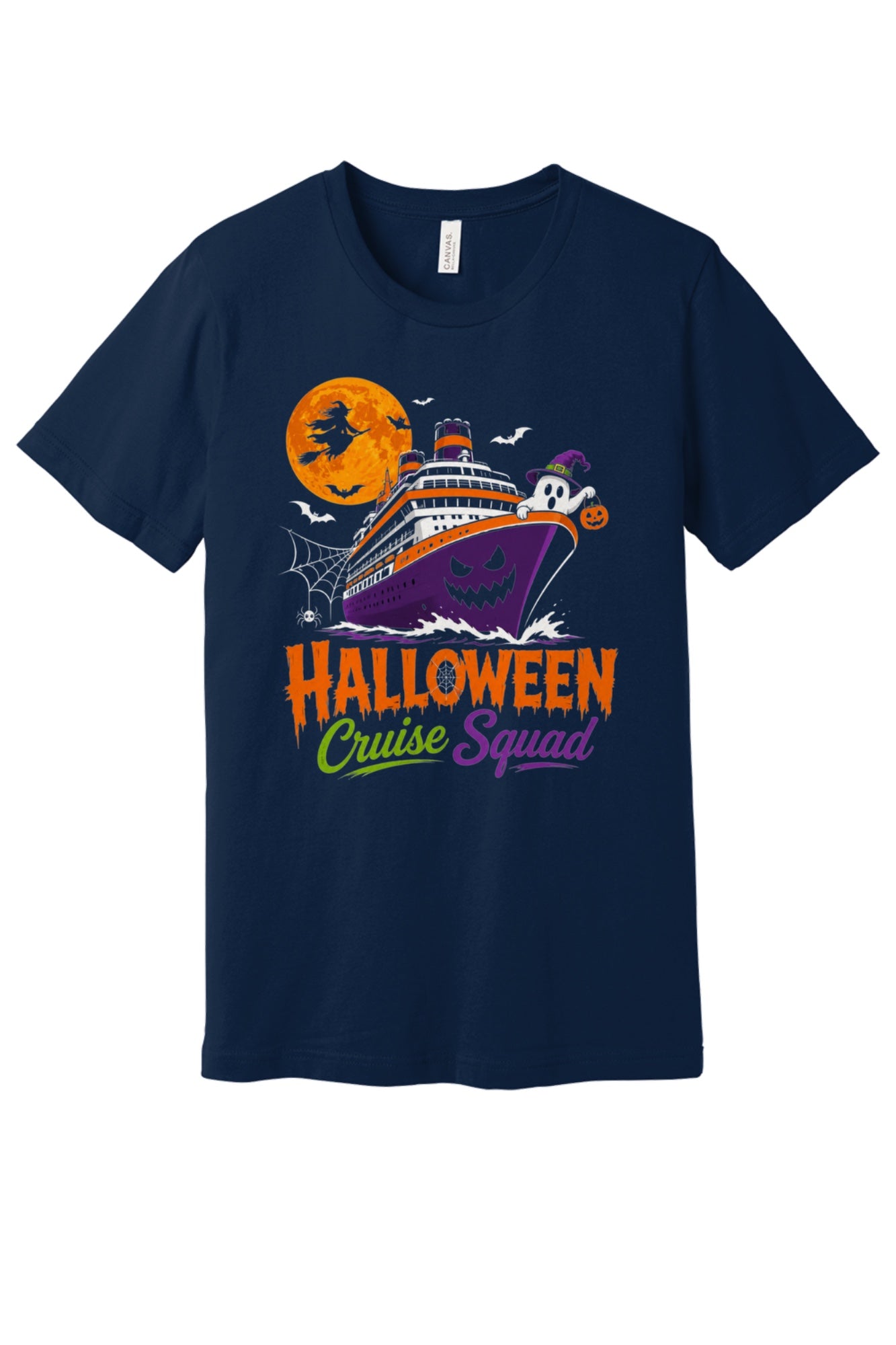 Halloween Cruise Squad unisex tee with jack-o-lantern ship, witch moon, ghost and pumpkin graphic in Navy
