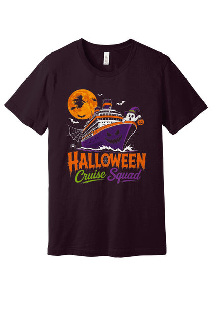 Halloween Cruise Squad unisex tee with jack-o-lantern ship, witch moon, ghost and pumpkin graphic in Oxblood Black