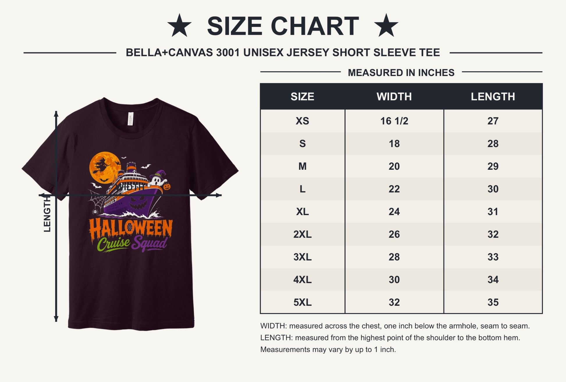 Halloween Cruise Squad unisex tee with jack-o-lantern ship, witch moon, ghost and pumpkin graphic - size chart