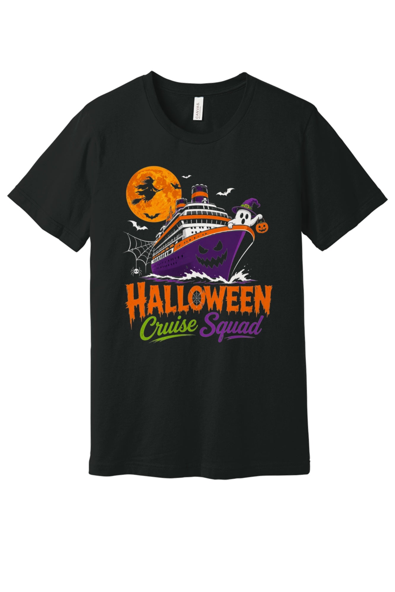 Halloween Cruise Squad unisex tee with jack-o-lantern ship, witch moon, ghost and pumpkin graphic in Vintage Black