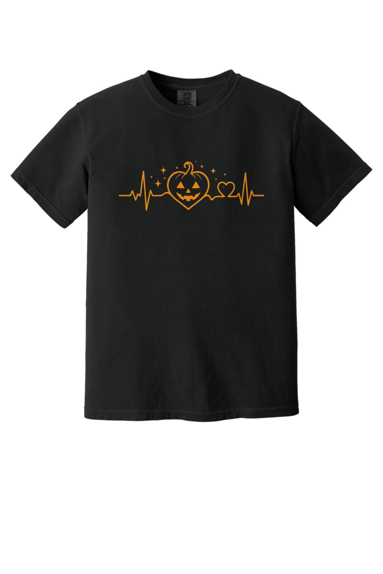 Halloween heartbeat jack-o-lantern pumpkin heart EKG graphic printed on Comfort Colors heavyweight tee in Black