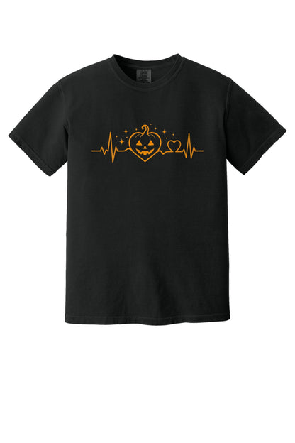 Halloween heartbeat jack-o-lantern pumpkin heart EKG graphic printed on Comfort Colors heavyweight tee in Black