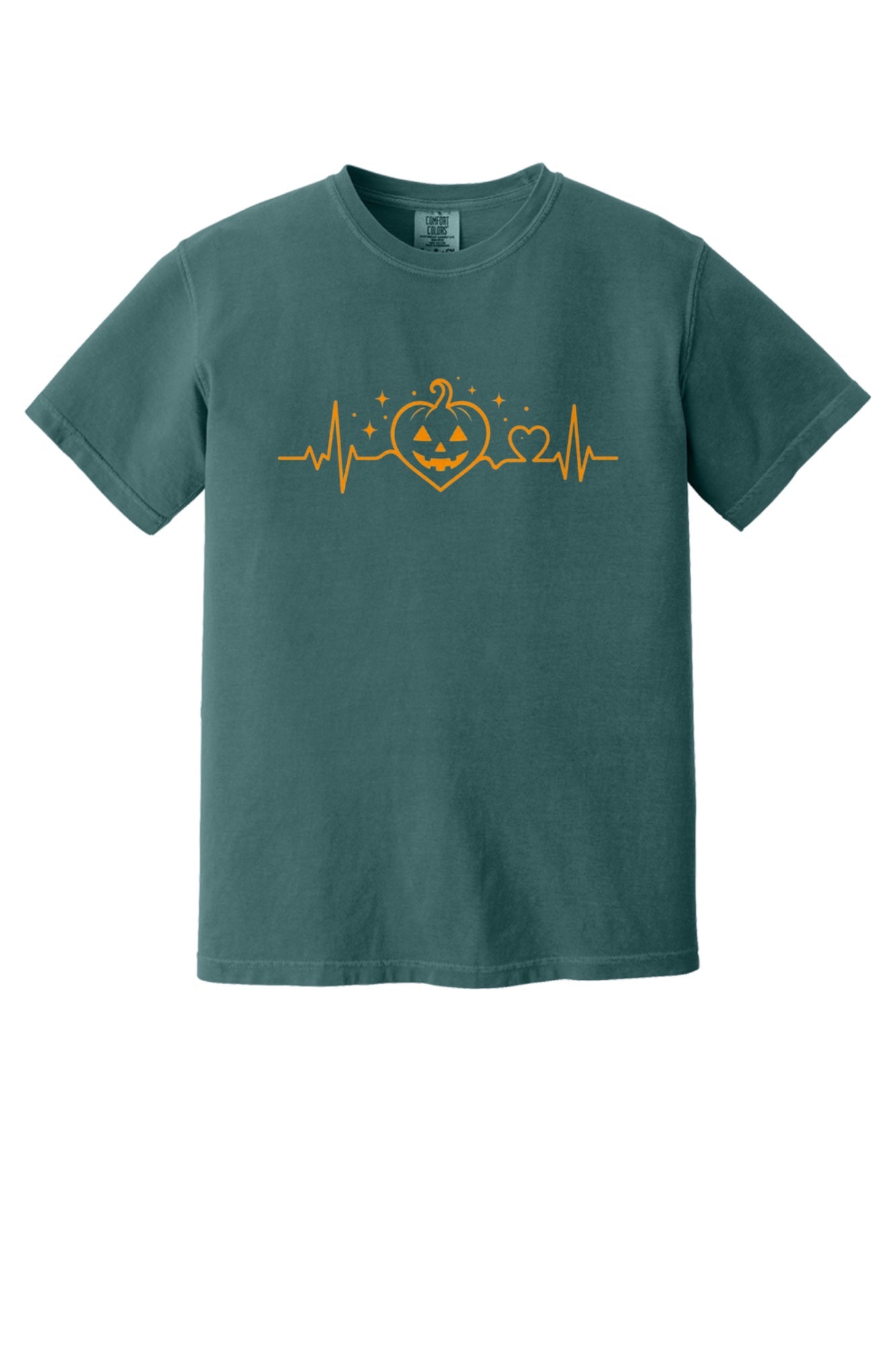 Halloween heartbeat jack-o-lantern pumpkin heart EKG graphic printed on Comfort Colors heavyweight tee in Blue Spruce