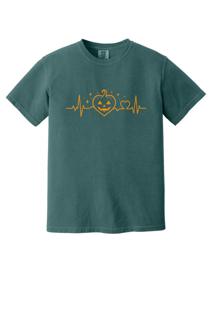Halloween heartbeat jack-o-lantern pumpkin heart EKG graphic printed on Comfort Colors heavyweight tee in Blue Spruce