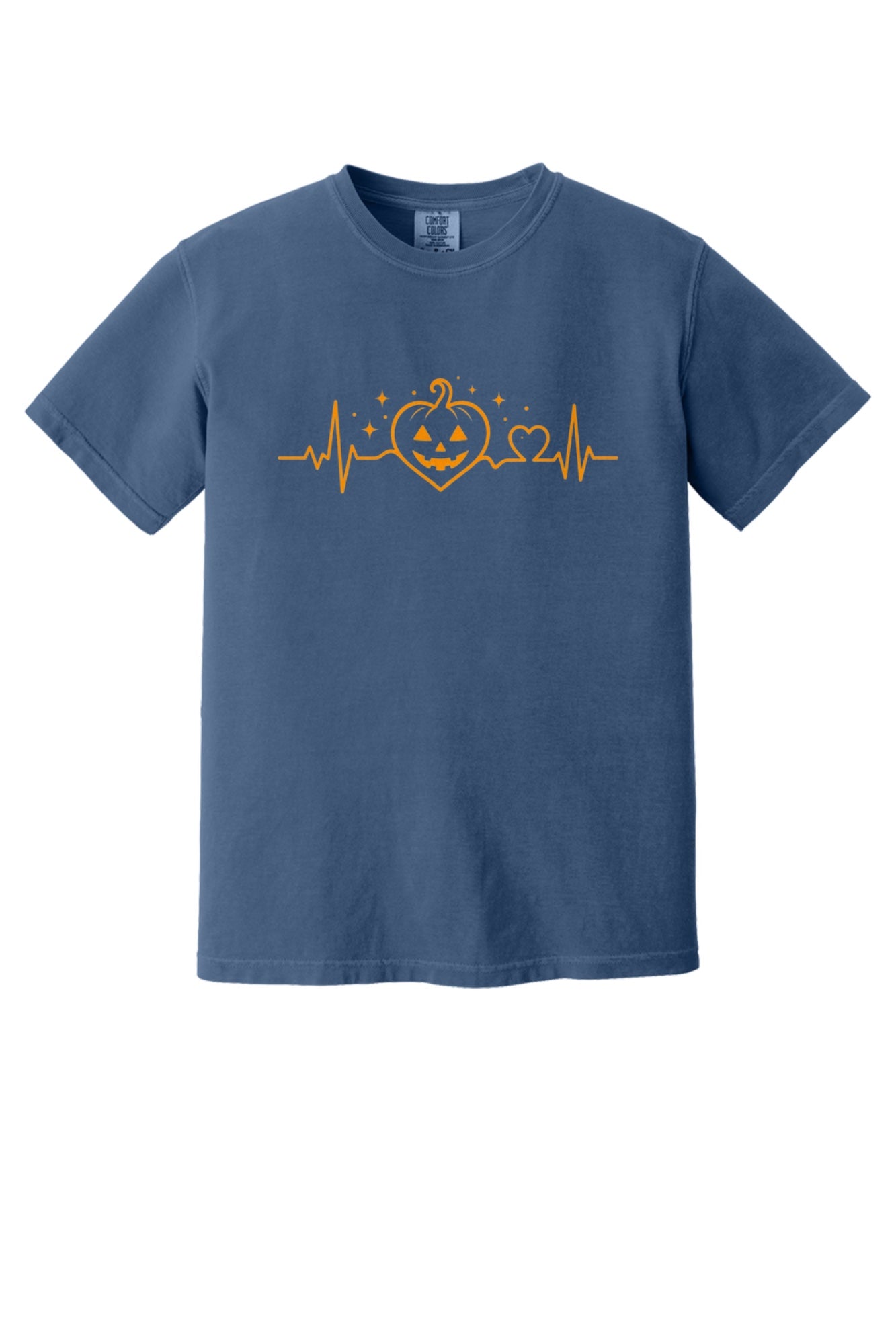 Halloween heartbeat jack-o-lantern pumpkin heart EKG graphic printed on Comfort Colors heavyweight tee in China Blue