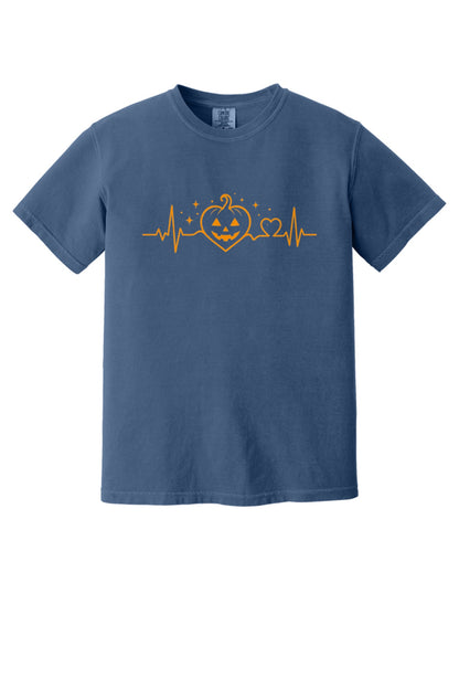 Halloween heartbeat jack-o-lantern pumpkin heart EKG graphic printed on Comfort Colors heavyweight tee in China Blue