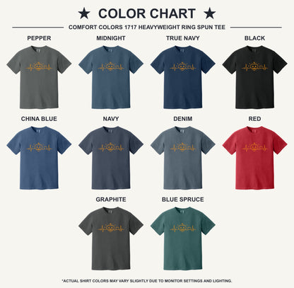 Halloween heartbeat jack-o-lantern pumpkin heart EKG graphic printed on Comfort Colors heavyweight tee - available shirt colors chart
