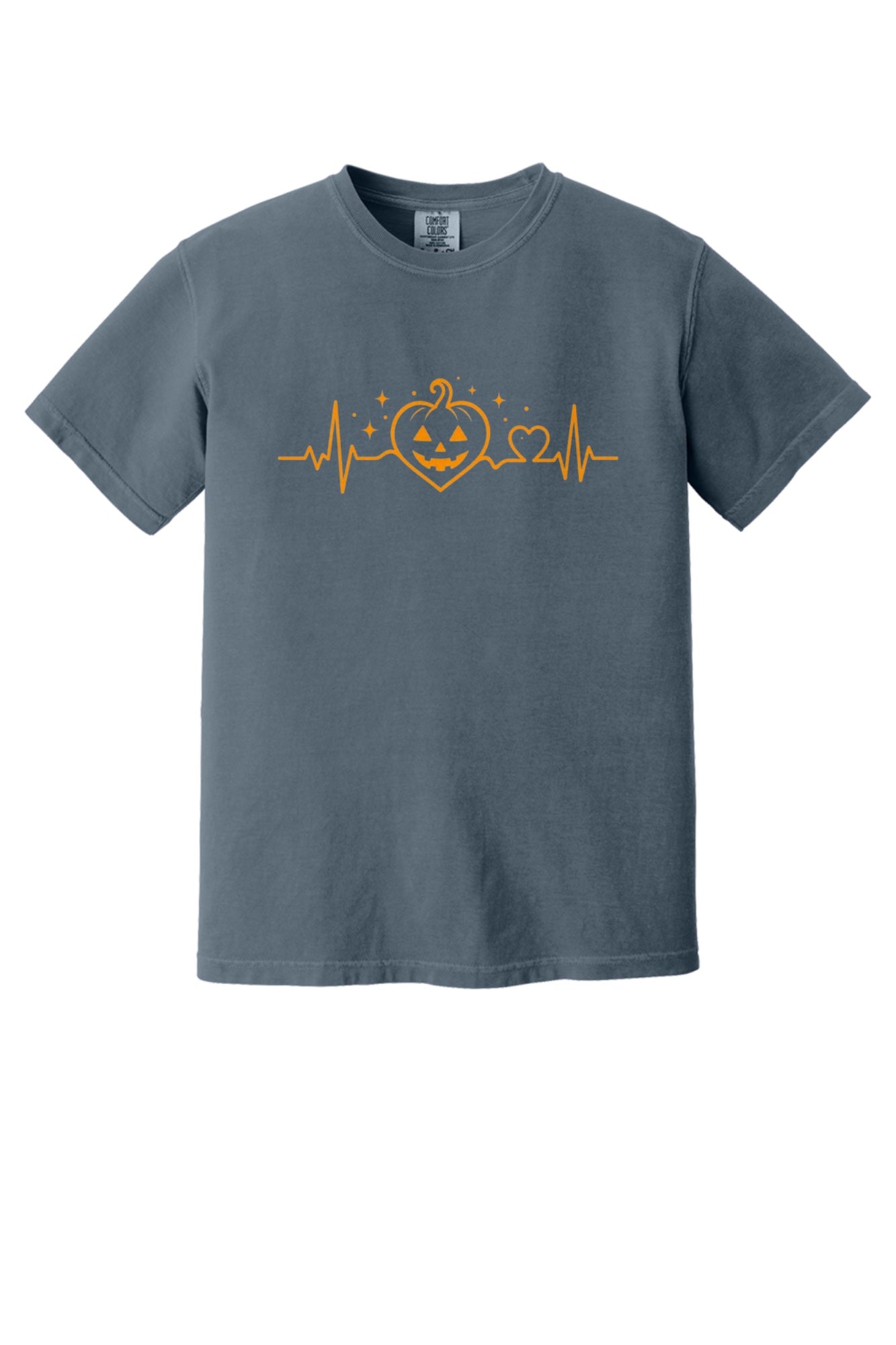 Halloween heartbeat jack-o-lantern pumpkin heart EKG graphic printed on Comfort Colors heavyweight tee in Denim