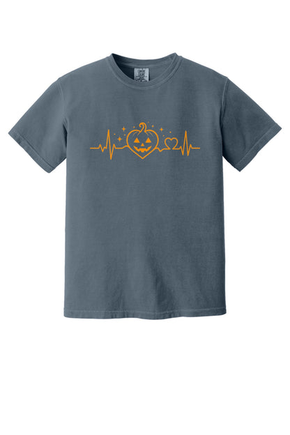 Halloween heartbeat jack-o-lantern pumpkin heart EKG graphic printed on Comfort Colors heavyweight tee in Denim