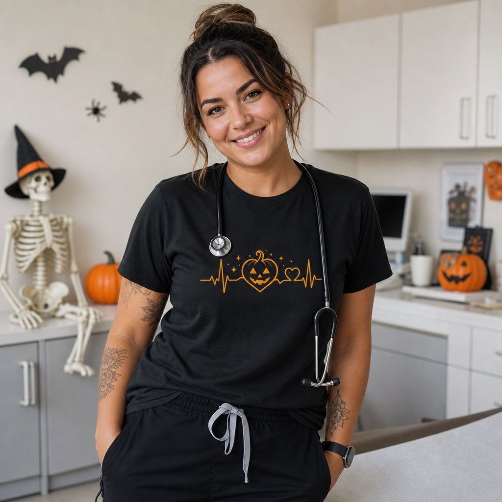 Halloween heartbeat jack-o-lantern pumpkin heart EKG graphic printed on Comfort Colors heavyweight tee, worn by a model