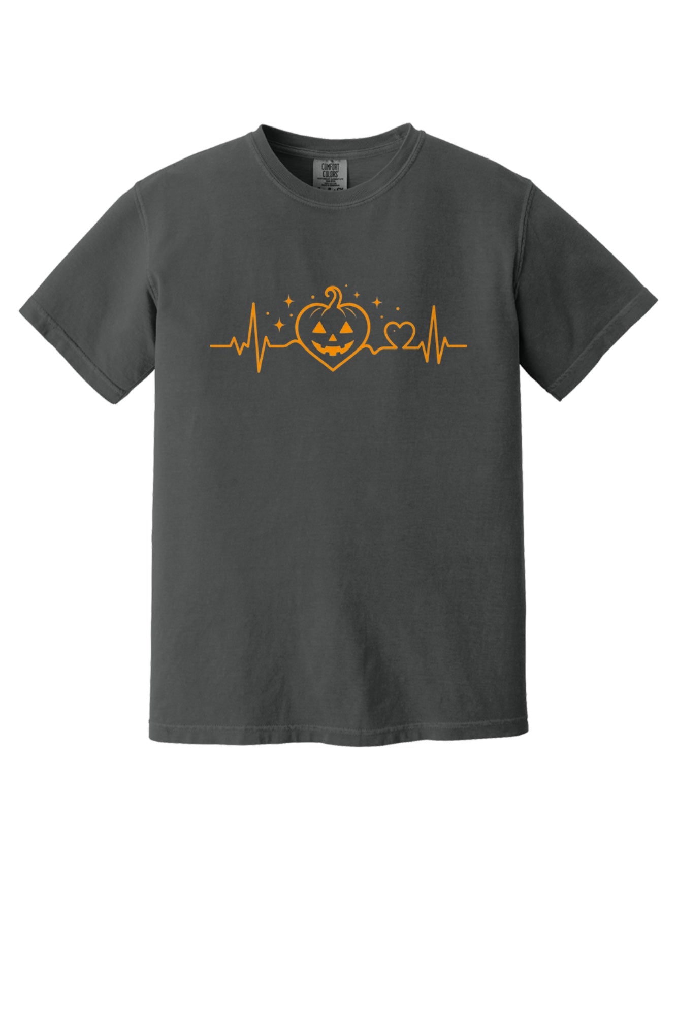 Halloween heartbeat jack-o-lantern pumpkin heart EKG graphic printed on Comfort Colors heavyweight tee in Graphite