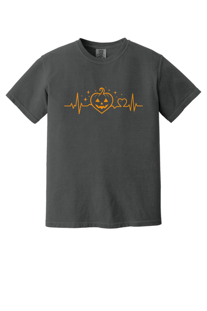 Halloween heartbeat jack-o-lantern pumpkin heart EKG graphic printed on Comfort Colors heavyweight tee in Graphite