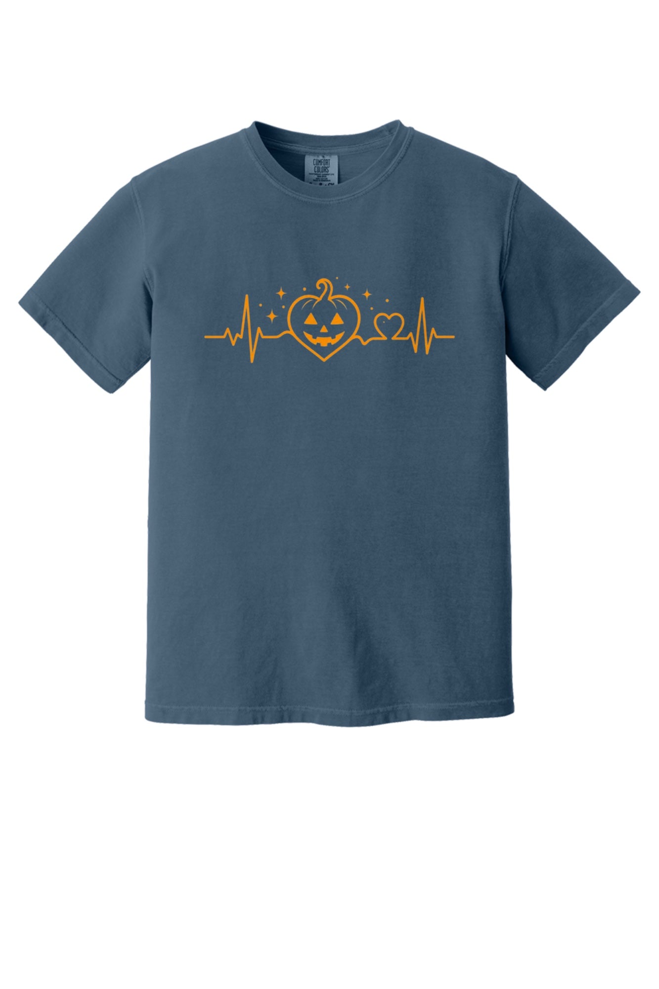 Halloween heartbeat jack-o-lantern pumpkin heart EKG graphic printed on Comfort Colors heavyweight tee in Midnight