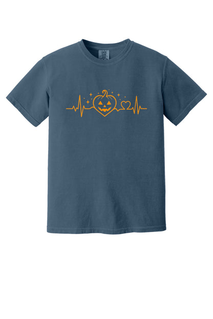 Halloween heartbeat jack-o-lantern pumpkin heart EKG graphic printed on Comfort Colors heavyweight tee in Midnight