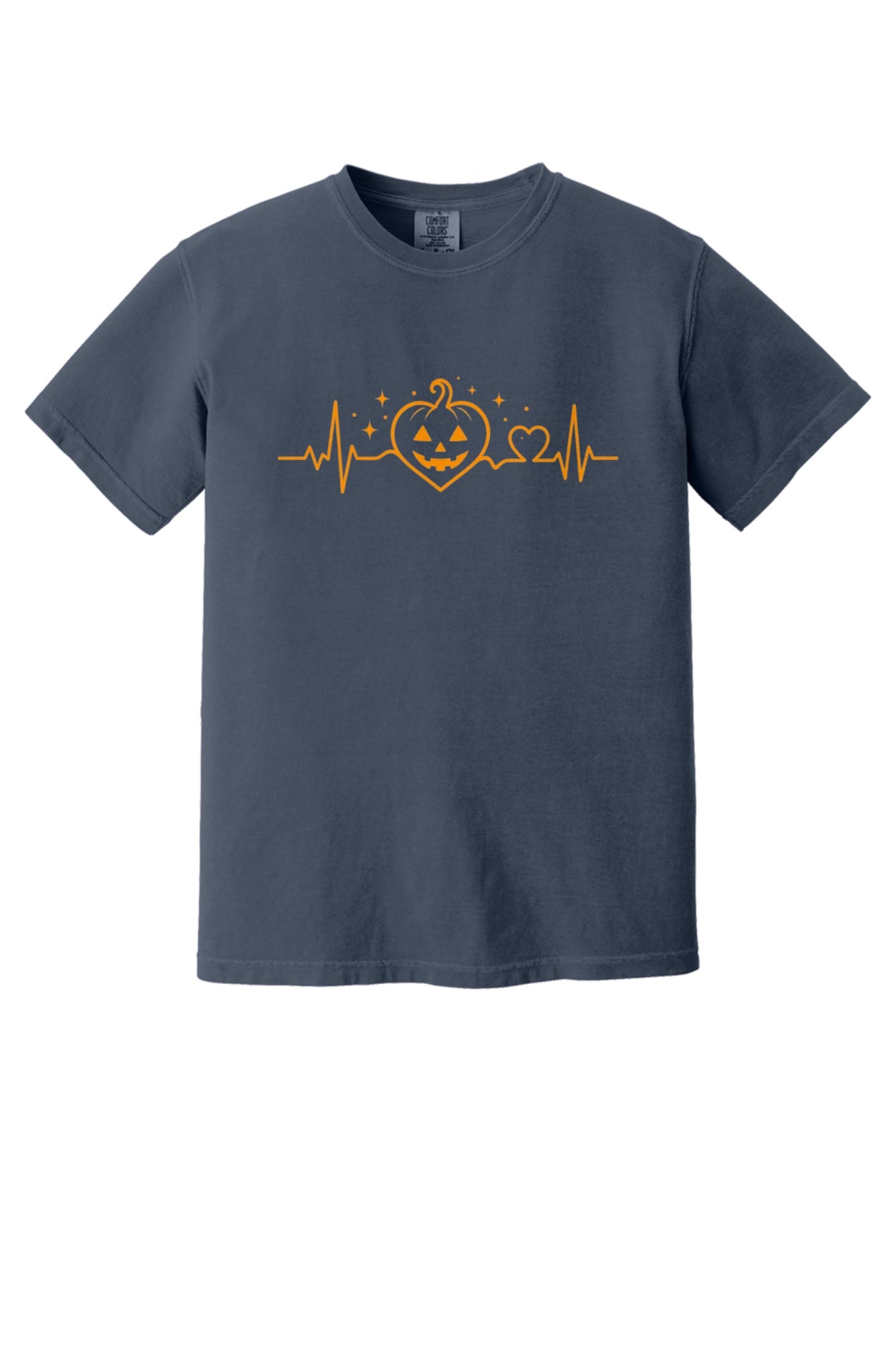 Halloween heartbeat jack-o-lantern pumpkin heart EKG graphic printed on Comfort Colors heavyweight tee in Navy