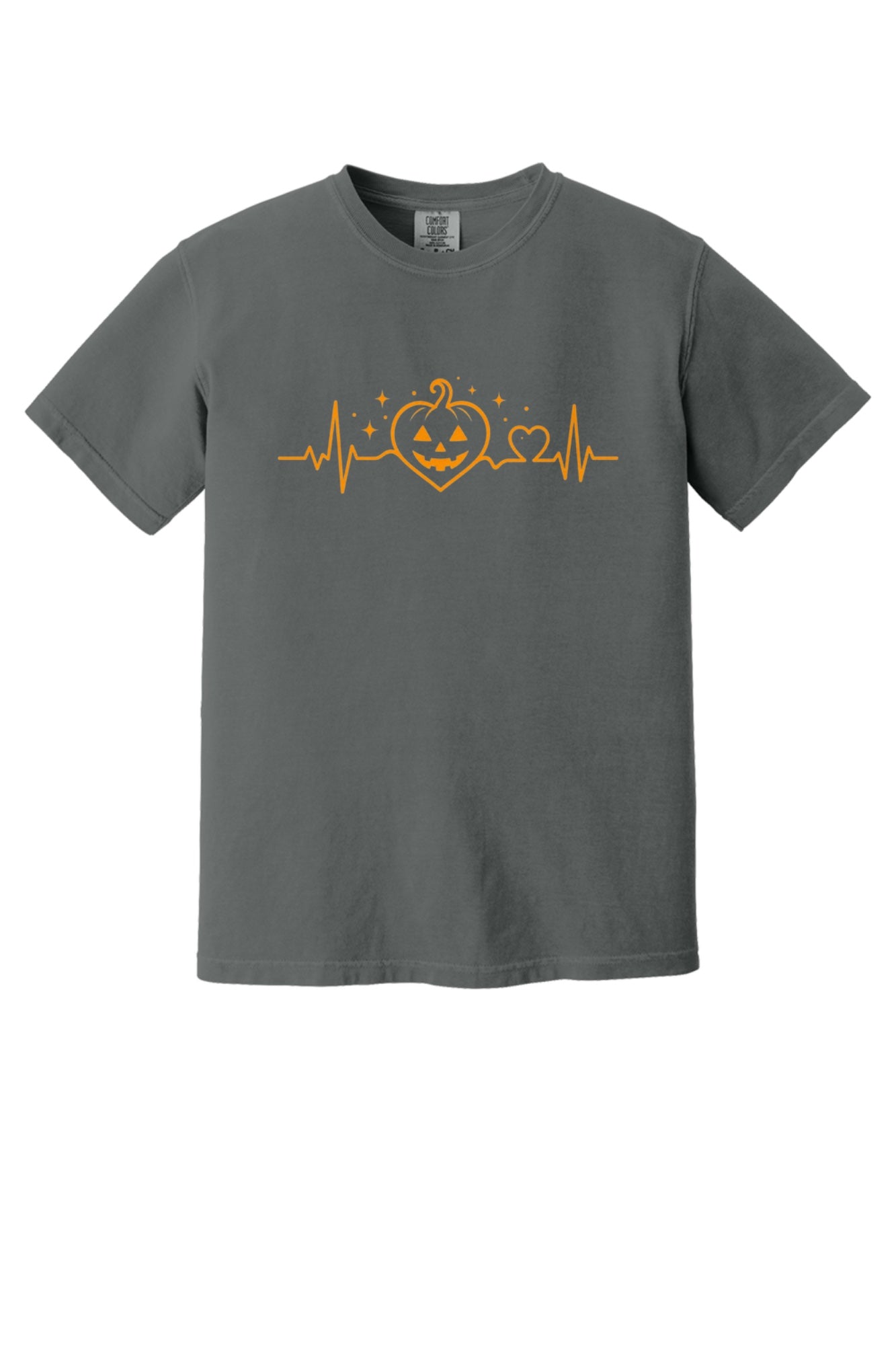 Halloween heartbeat jack-o-lantern pumpkin heart EKG graphic printed on Comfort Colors heavyweight tee in Pepper