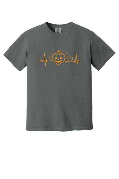 Halloween heartbeat jack-o-lantern pumpkin heart EKG graphic printed on Comfort Colors heavyweight tee in Pepper