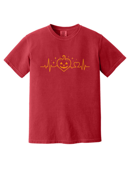 Halloween heartbeat jack-o-lantern pumpkin heart EKG graphic printed on Comfort Colors heavyweight tee in Red