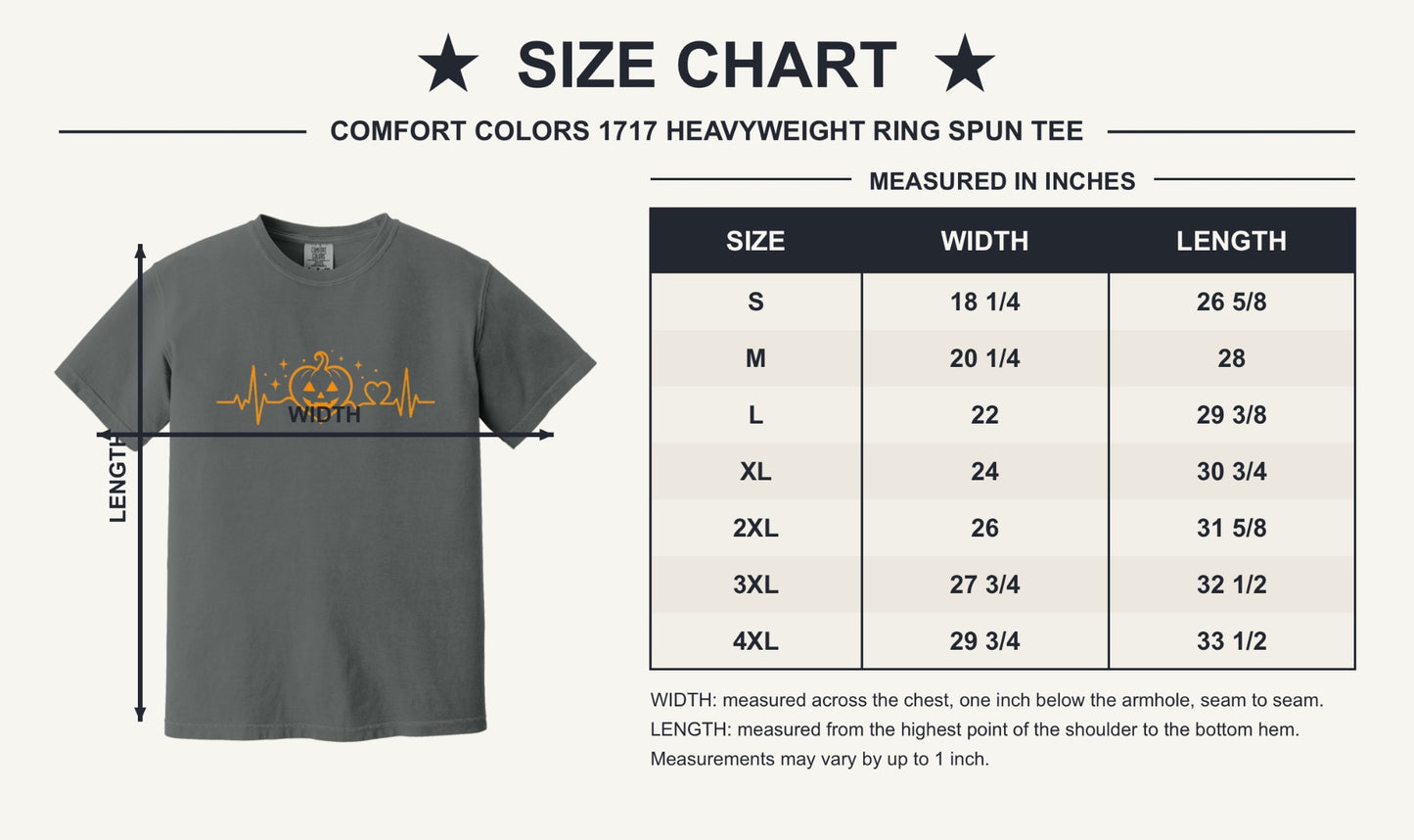 Halloween heartbeat jack-o-lantern pumpkin heart EKG graphic printed on Comfort Colors heavyweight tee - size chart