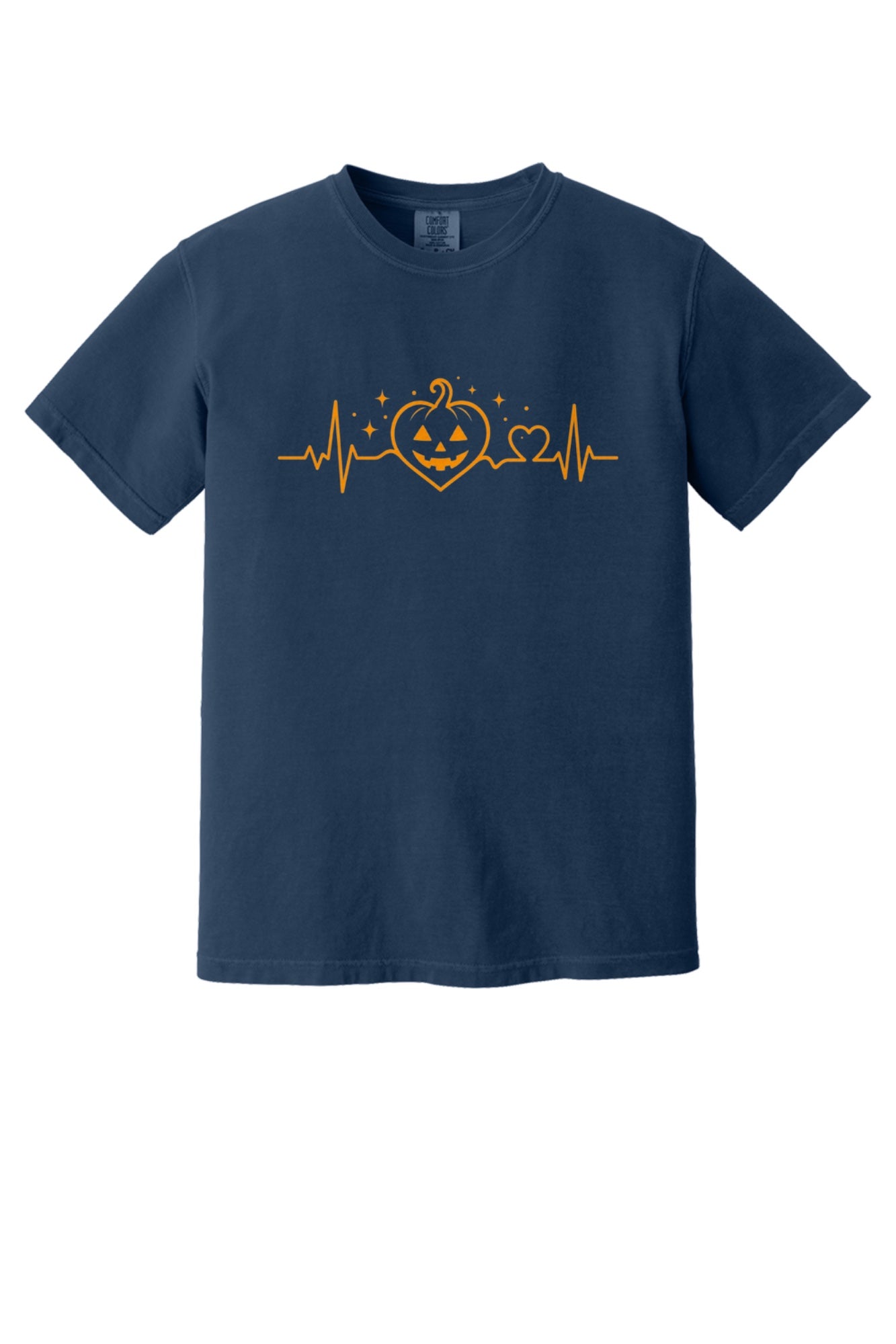 Halloween heartbeat jack-o-lantern pumpkin heart EKG graphic printed on Comfort Colors heavyweight tee in True Navy