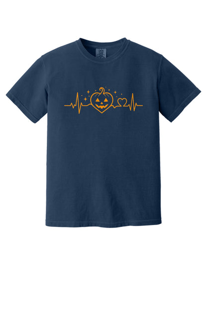 Halloween heartbeat jack-o-lantern pumpkin heart EKG graphic printed on Comfort Colors heavyweight tee in True Navy