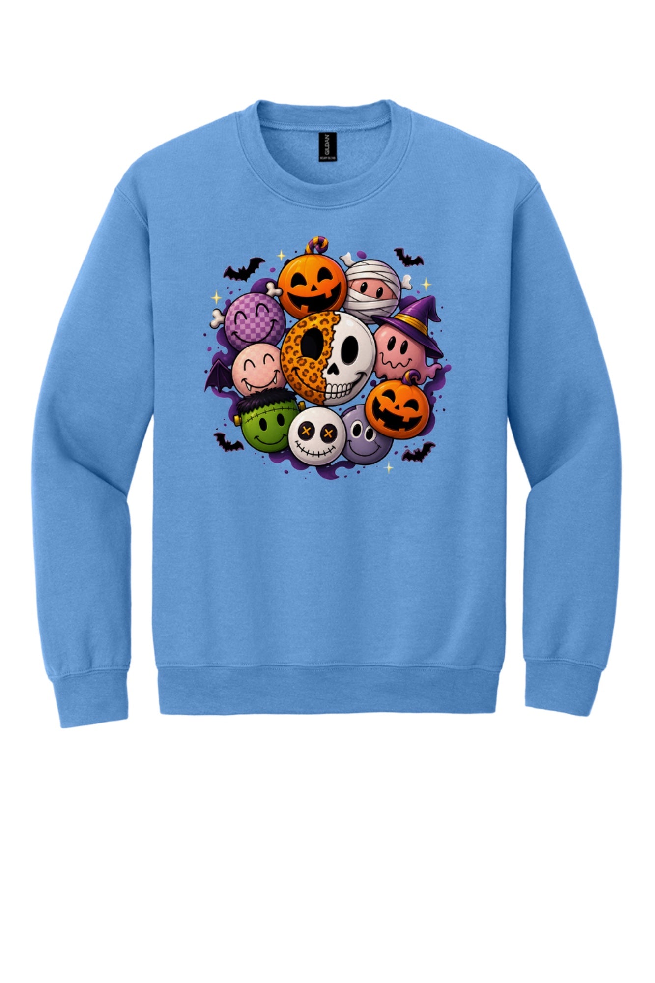 Gildan 18000 crewneck sweatshirt with Halloween kawaii smiley faces pumpkins ghost mummy Frankenstein print in Carolina Blue