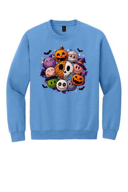 Gildan 18000 crewneck sweatshirt with Halloween kawaii smiley faces pumpkins ghost mummy Frankenstein print in Carolina Blue