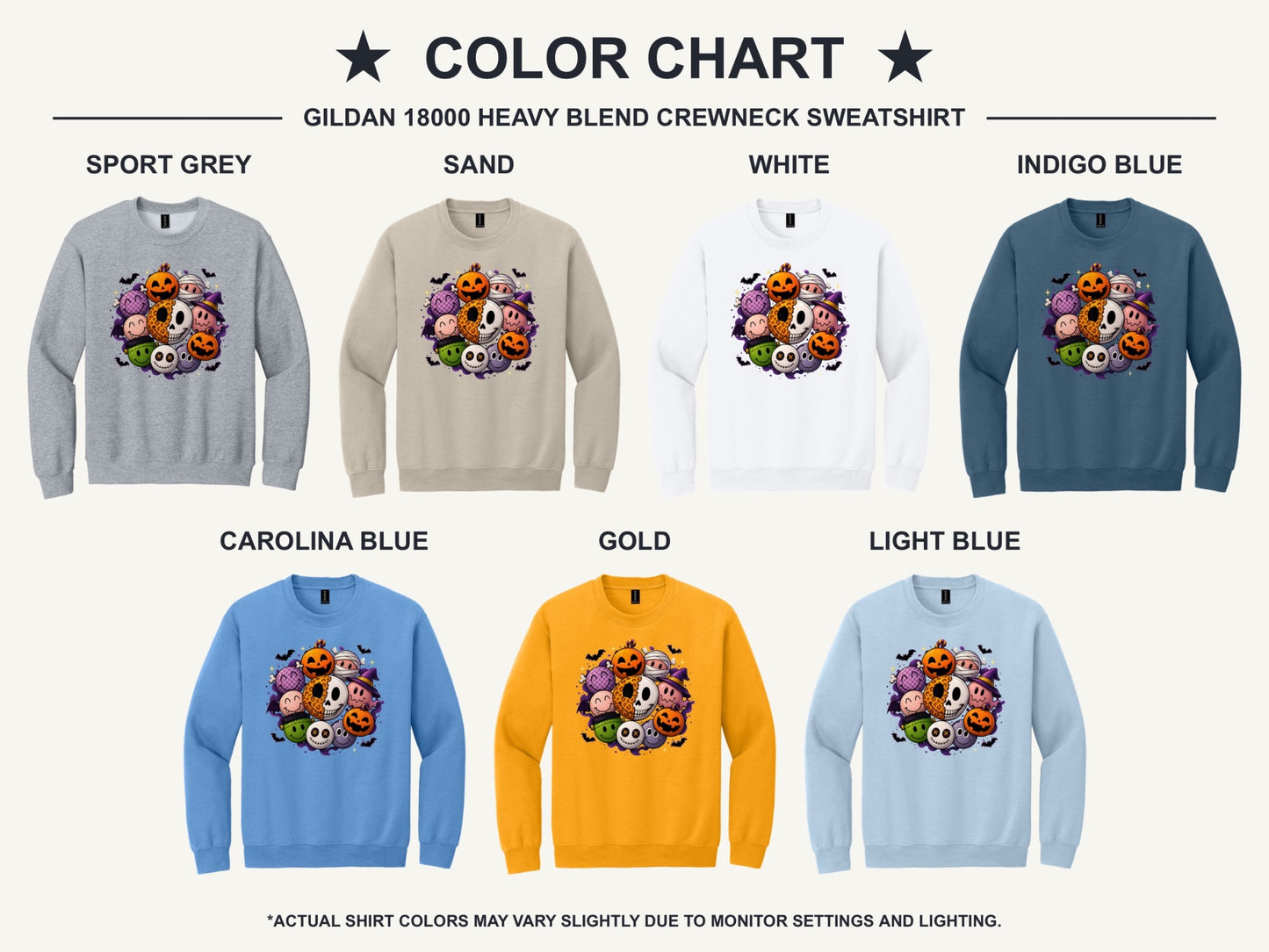 Gildan 18000 crewneck sweatshirt with Halloween kawaii smiley faces pumpkins ghost mummy Frankenstein print - available shirt colors chart